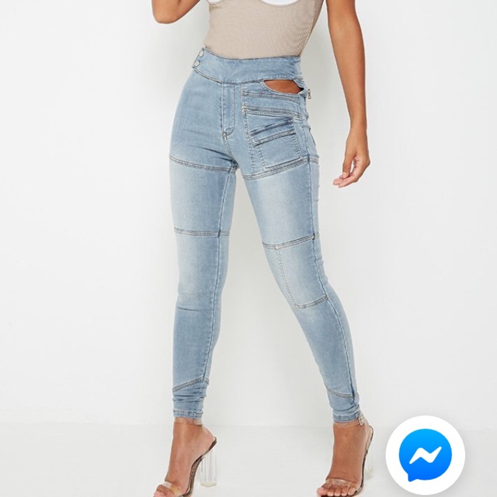 Mid Blue Skinny Jeans with Cut Out Waist Feature